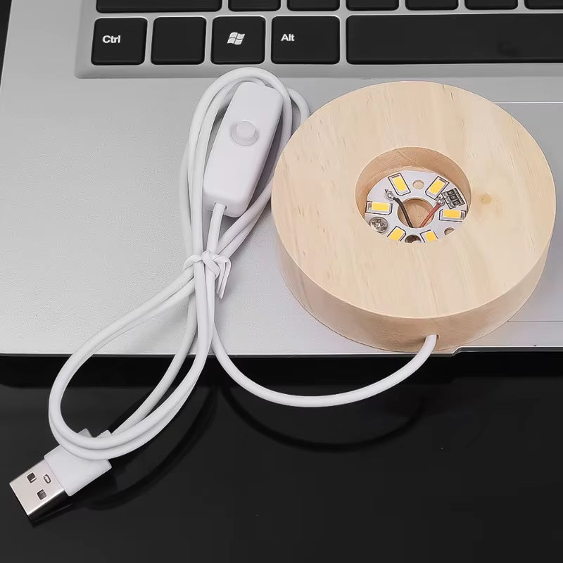 Usb-Powered Wood Night Lights Base Circular Design Decorative Luminous Stand for LED Lights Resin Display Home LED Lamp Base