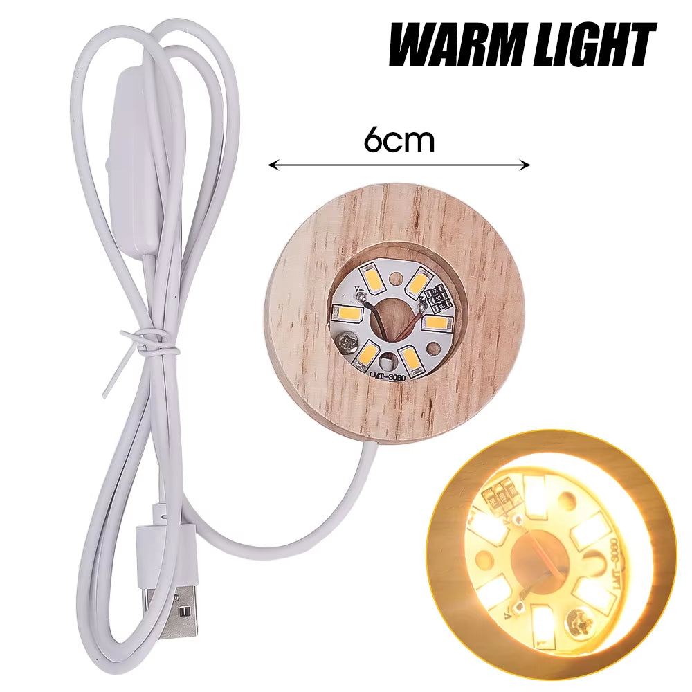 Usb-Powered Wood Night Lights Base Circular Design Decorative Luminous Stand for LED Lights Resin Display Home LED Lamp Base
