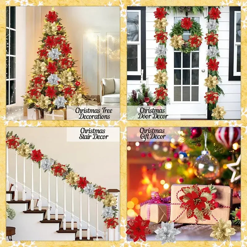 Christmas Glitter Artificial Flowers Christmas Tree Hanging Ornaments Fake Flower for Home 2025 Xmas New Year 2026 Navidad Gift